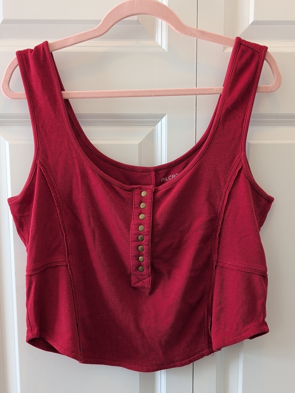 Pilcro Deep Red Ribbed Snap-Front Crop Tank